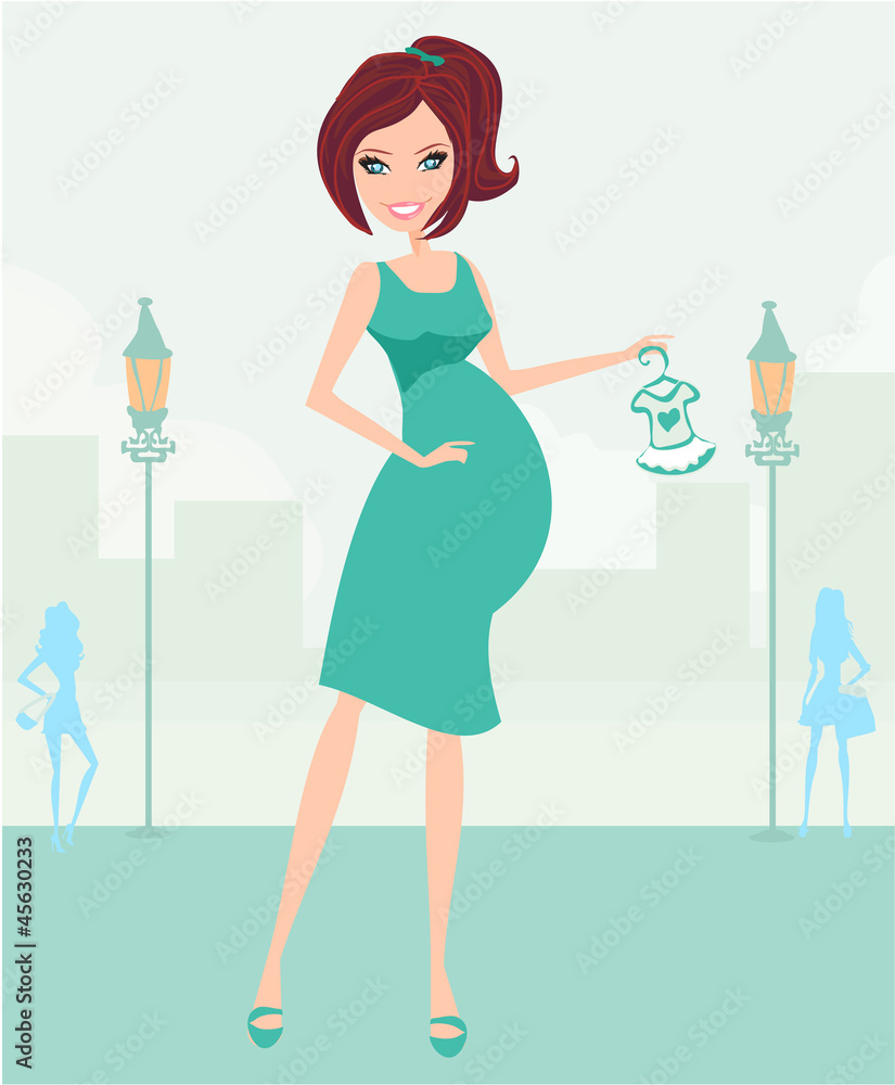 Beautiful pregnant woman on shopping for her new baby Vector