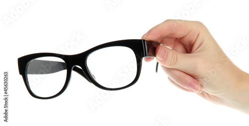 woman hand with black glasses, isolated on white