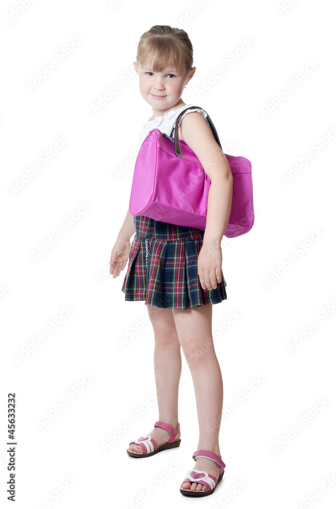 The little girl with a lilac bag isolated The little girl with a lilac bag isolated