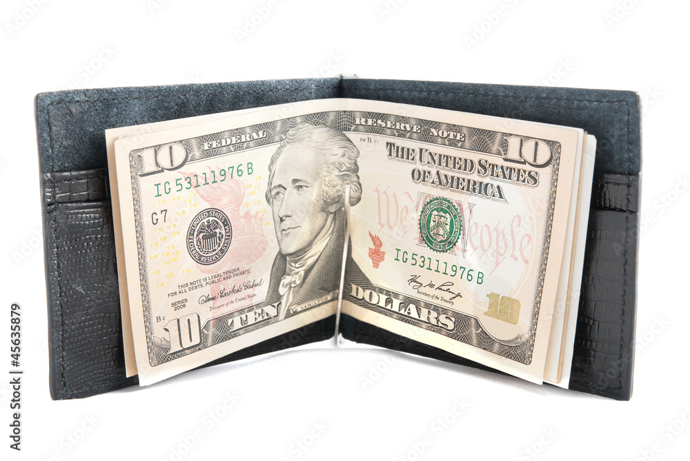 black leather wallet with money isolated on white background