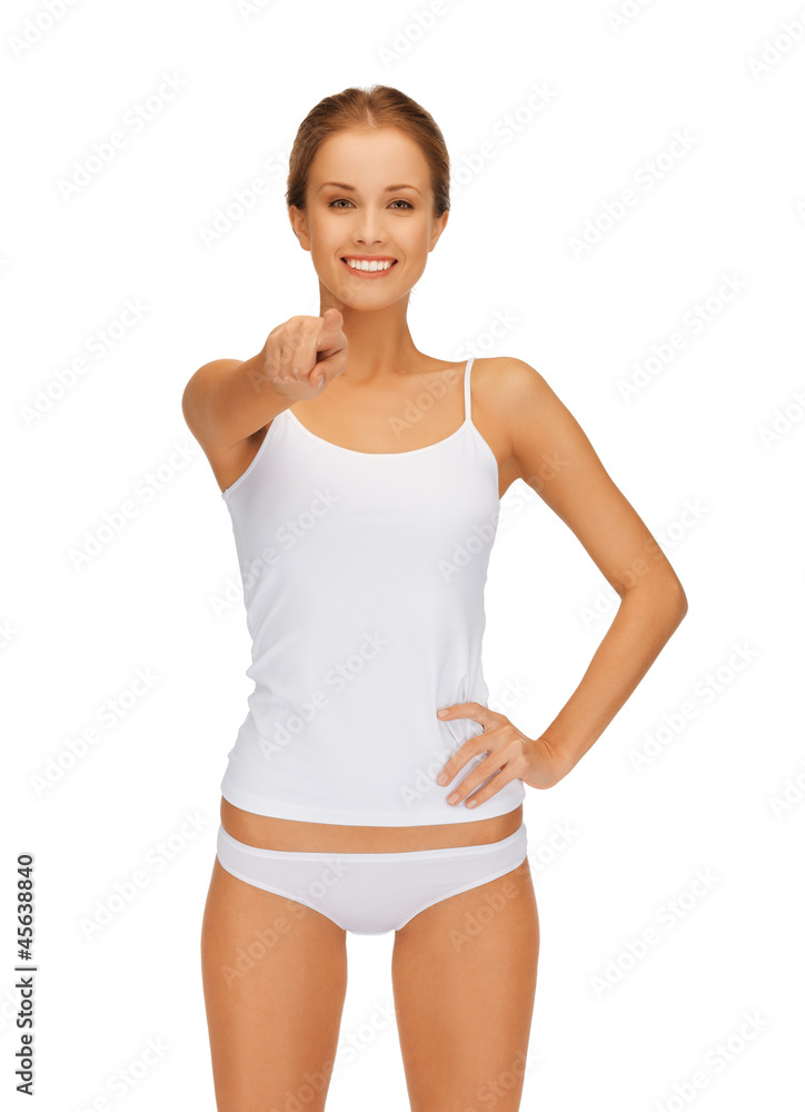 woman in cotton undrewear pointing her finger woman in cotton undrewear pointing her finger