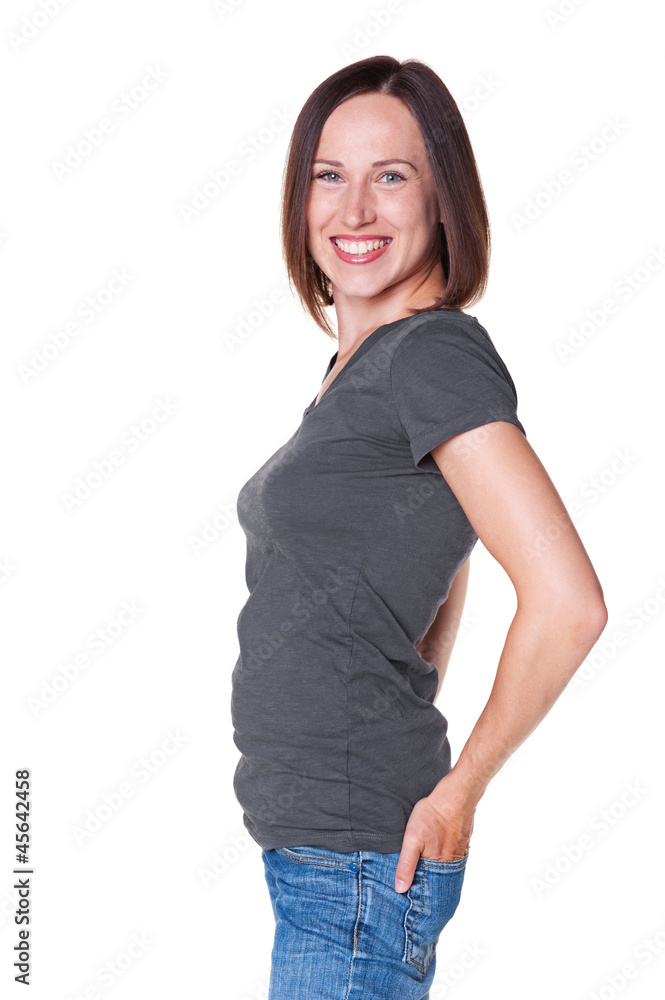Fototapeta premium young smiley female standing over white