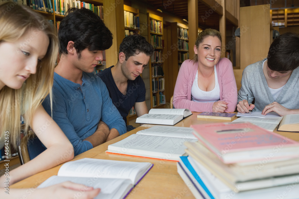 Students in the library studying together Students in the library studying together