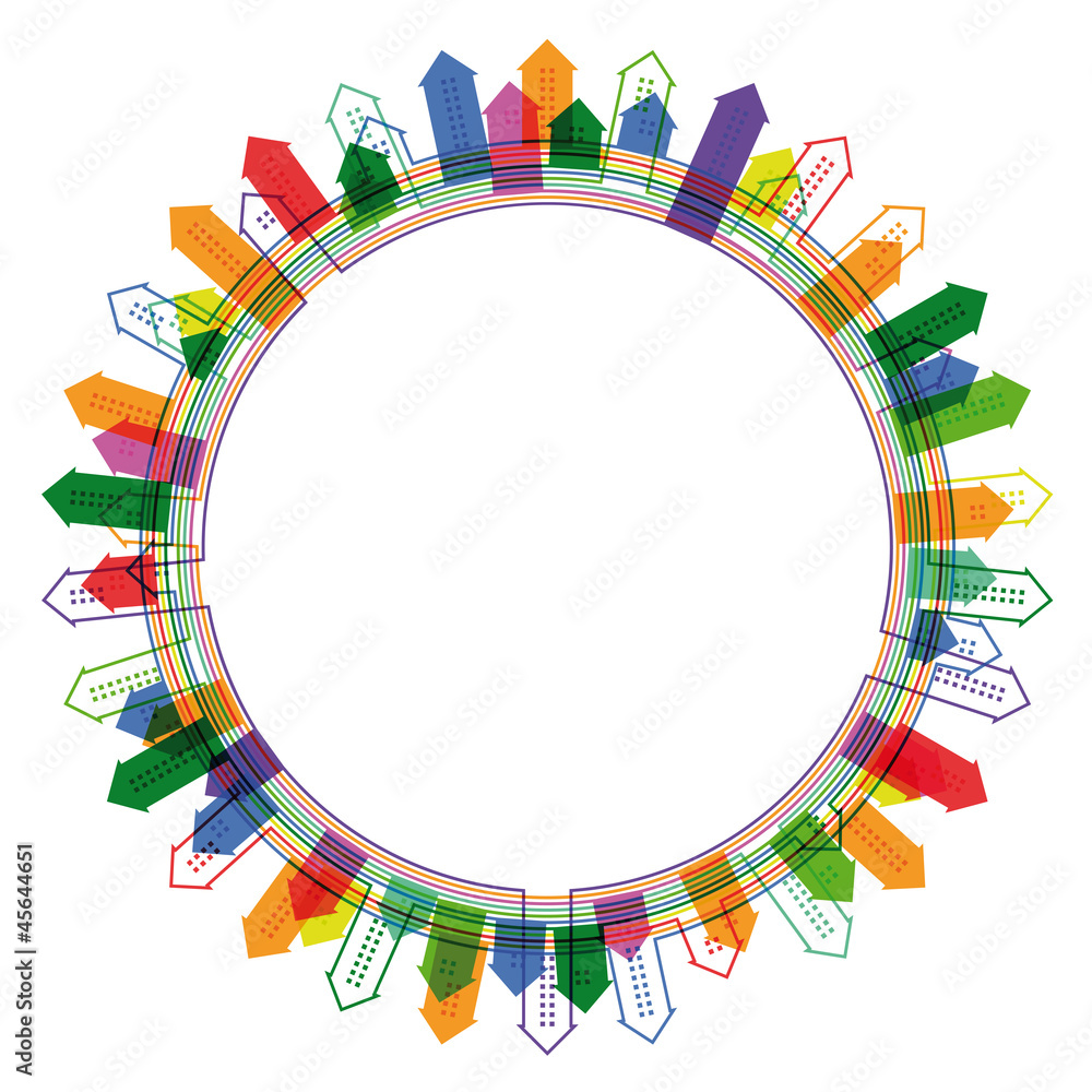 Abstract circular frame with bright city silhouette. Eps10