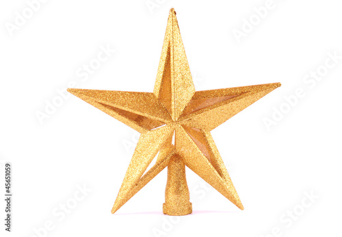 Golden glittering star shaped Christmas ornament isolated on whi