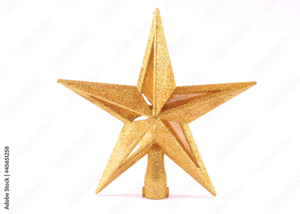 Golden glittering star shaped Christmas ornament isolated on whi Golden glittering star shaped Christmas ornament isolated on whi