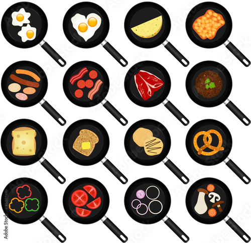 Vector of Breakfast Ingredients: Fried Food In Frying Pans
