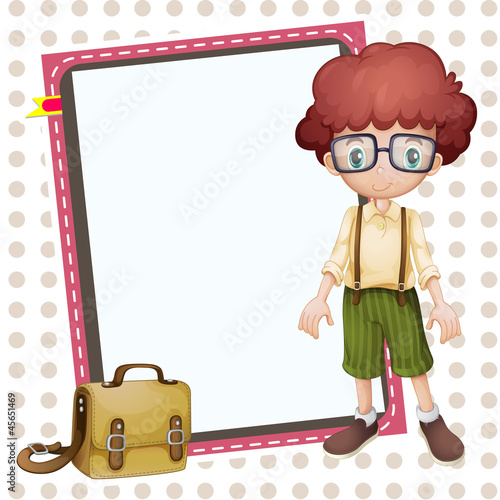 boy, school bag and white board