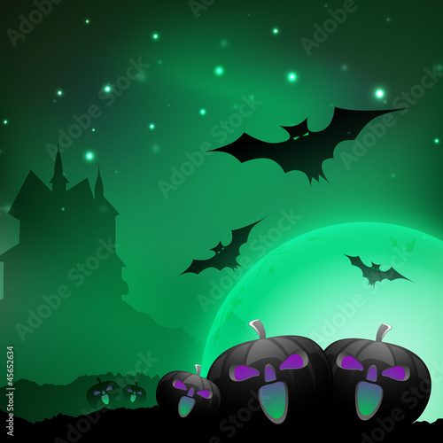 Halloween night background with scary pumpkins  flying bats and