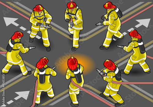 isometric firefighter extinguisher in eight positions