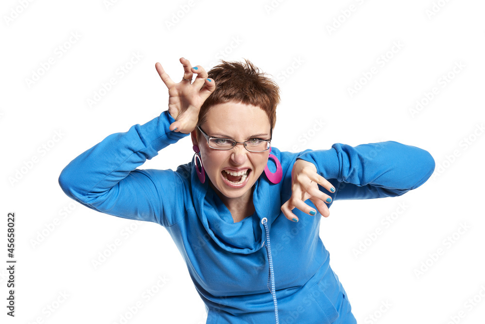 Young woman makes funny face (isolated on white) Young woman makes funny face (isolated on white)