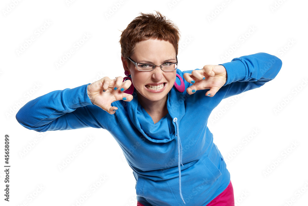 Young woman makes funny face (isolated on white)