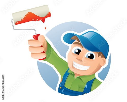 Vector illustration of a happy painter presenting a paint roller