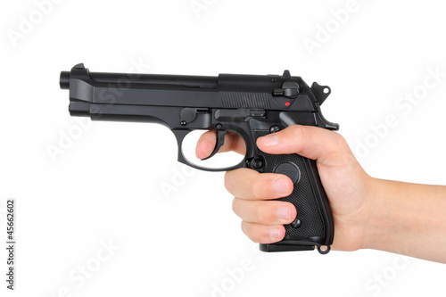 Hand with gun, isolated on white background