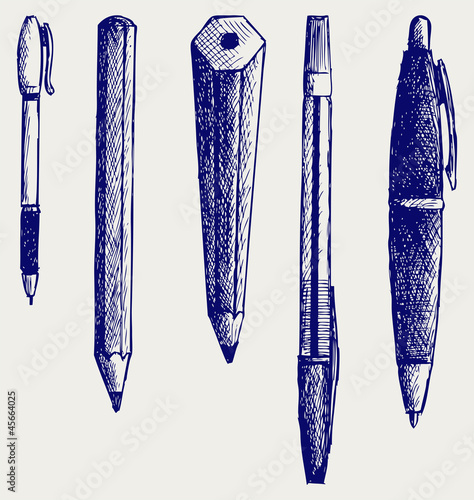 Pencil, pen and fountain pen icons. Doodle style