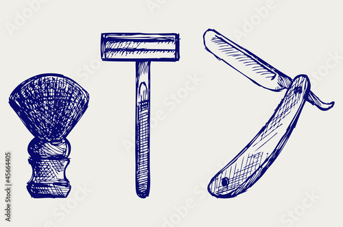 Straight razor and shaving brush. Doodle style