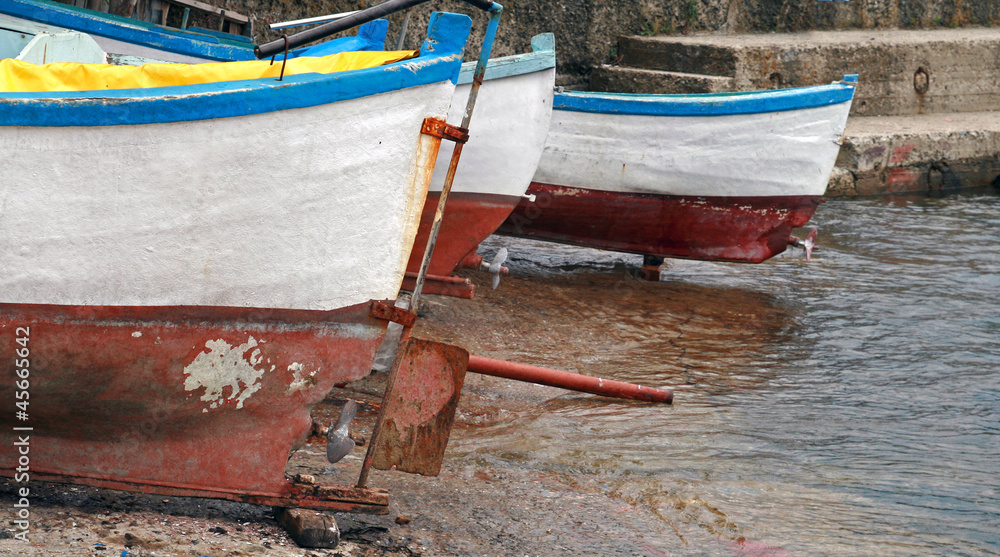 Old wooden fishing boats at the shore. Nessebur, Bulgaria Old wooden fishing boats at the shore. Nessebur, Bulgaria
