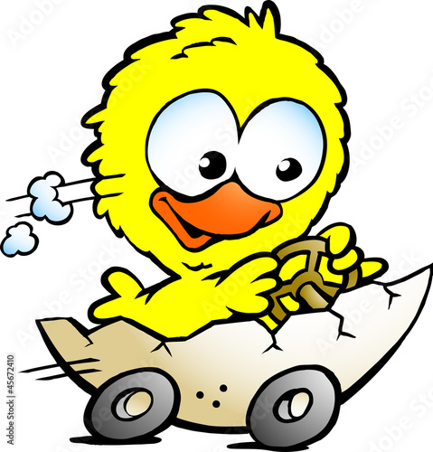 illustration of an cute baby chicken driving in a eggshell