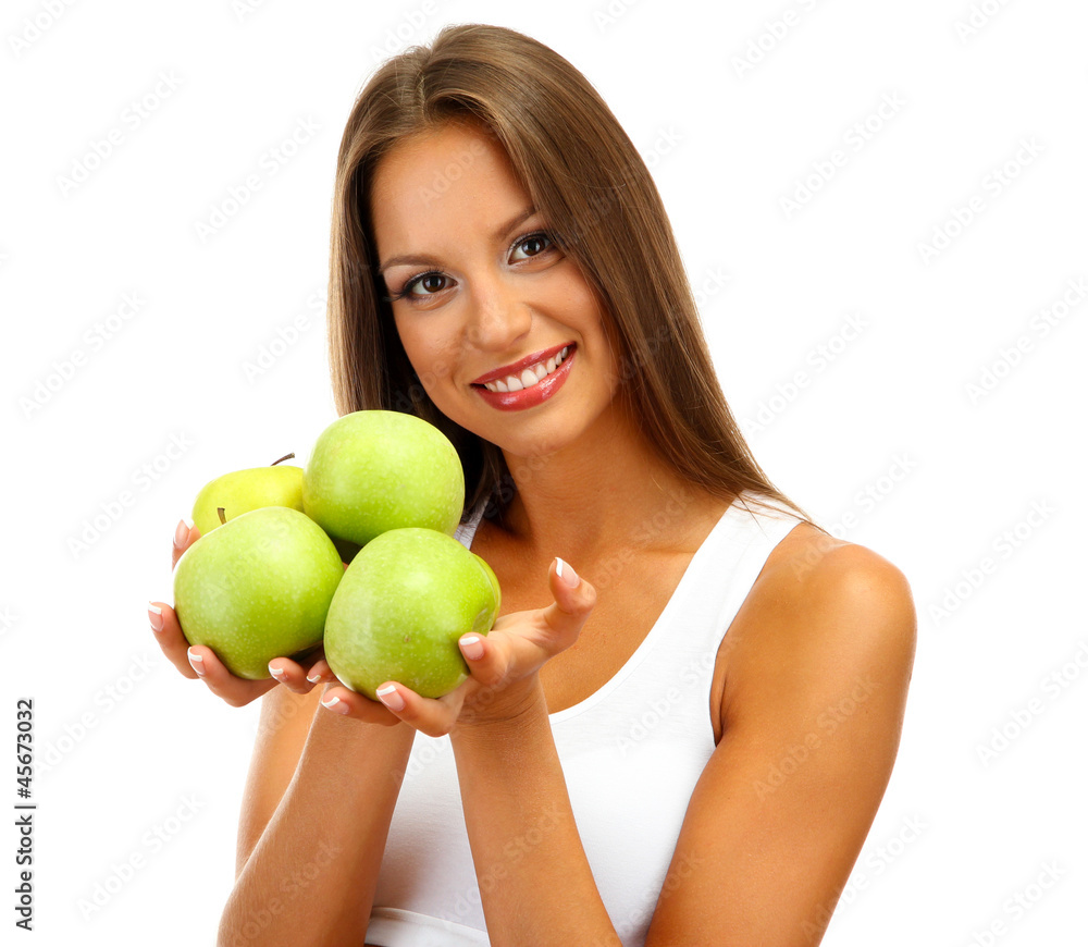 beautiful young woman with green apples, isolated on white beautiful young woman with green apples, isolated on white