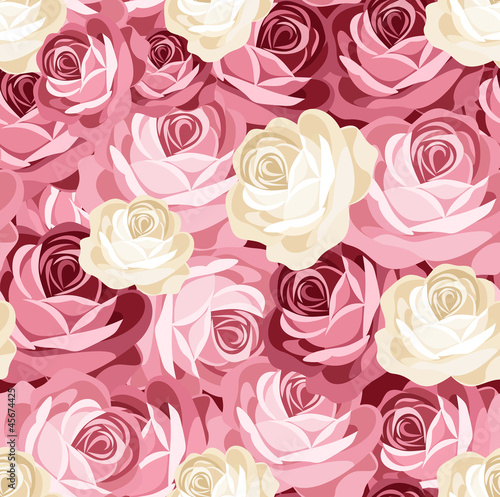 Seamless pattern with pink and white roses. Vector illustration.