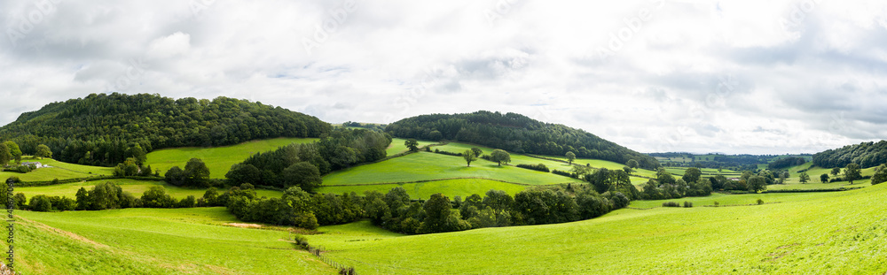 Panorama of the welsh countryside in the borders region of England and Wales