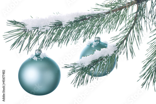 Christmas decorations on a snowy branch