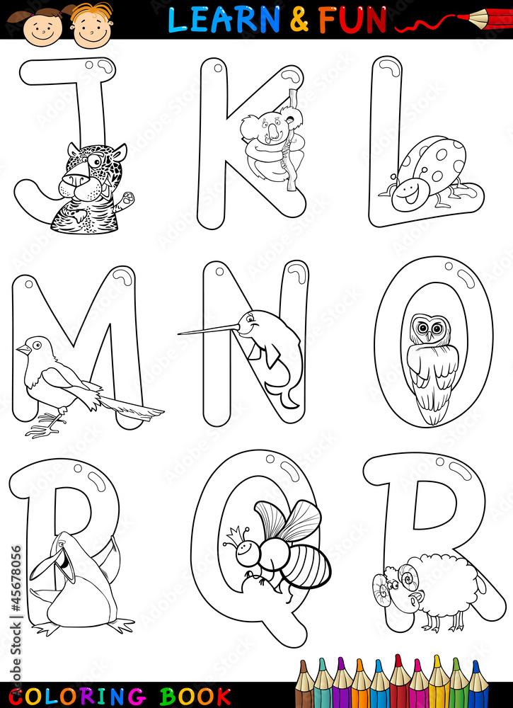 Cartoon Alphabet with Animals for coloring Stock Vector | Adobe Stock