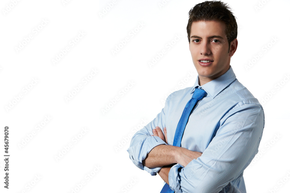 Young successful business man isolated white background with cop Young successful business man isolated white background with cop