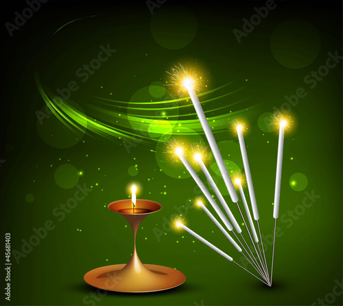 happy diwali vector festival crackers on diya green colorful bac