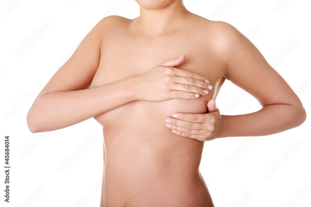 Woman examining breast mastopathy or cancer Woman examining breast mastopathy or cancer
