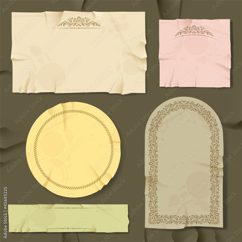 Vintage and retro old paper different objects.