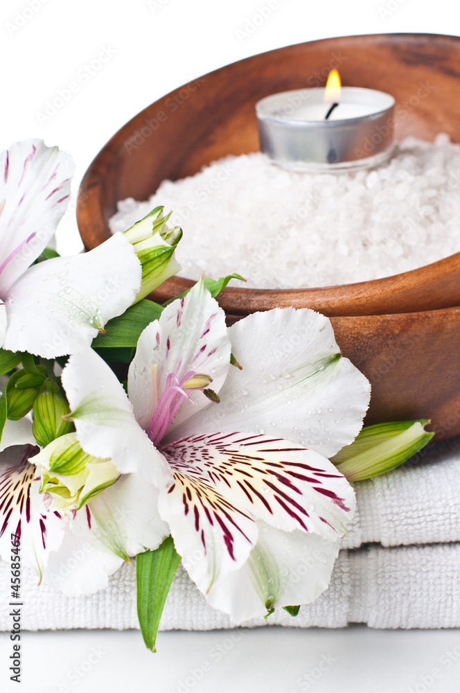 resources for spa, white towel and flower