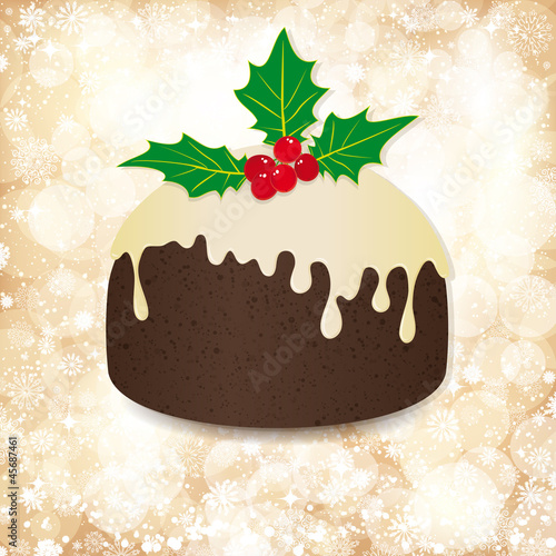 Christmas background with golden lights and pudding.