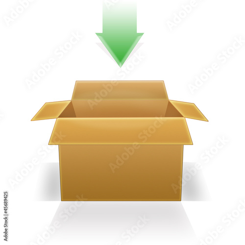 Caja de carton abierta con flecha.