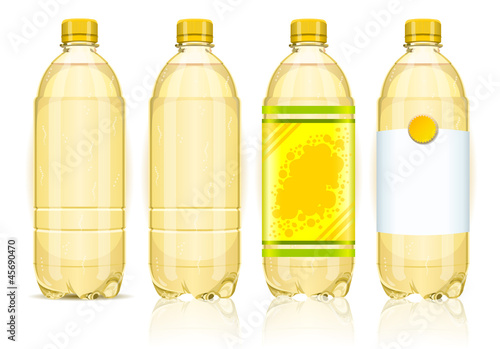 Four yellow plastic bottles with labels