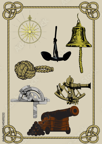 set of ancient naval supplies and tools