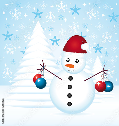 Snowman decorating christmas tree. Sweet greeting card.