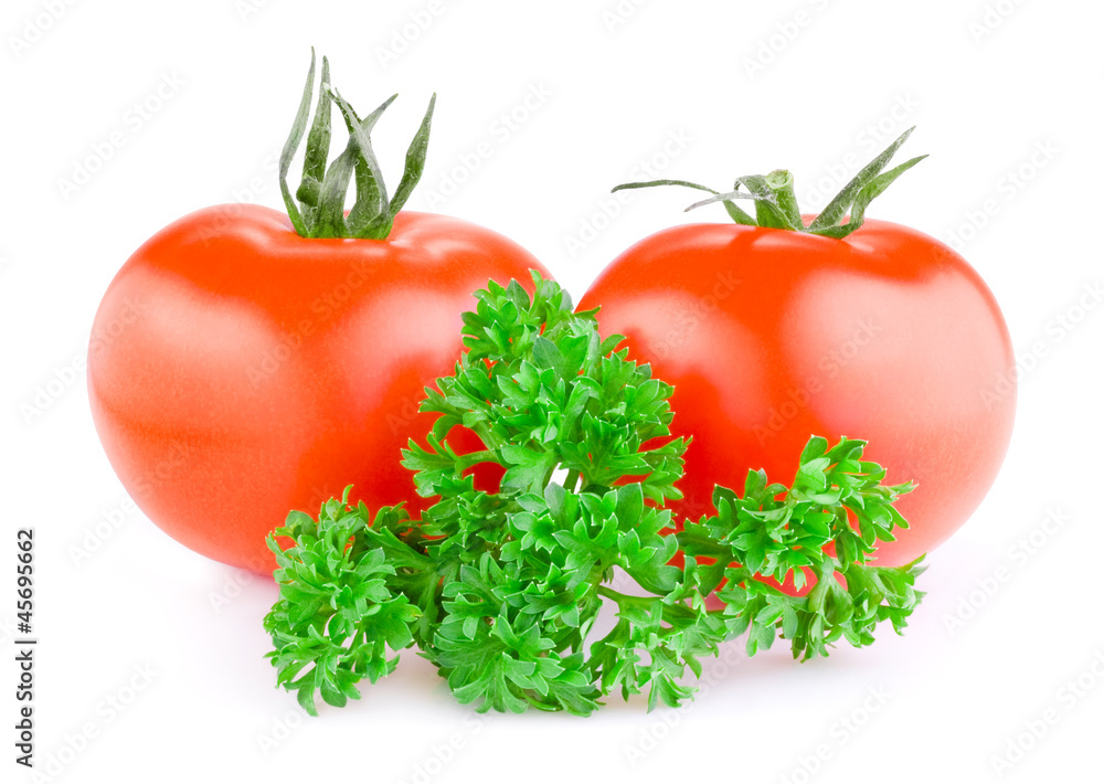Two red juicy tomatoes and fresh parsley isolated on a white bac Two red juicy tomatoes and fresh parsley isolated on a white bac