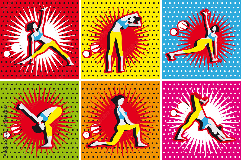 Pop Art Comic yoga, pilates big set of vector symbols Pop Art Comic yoga, pilates big set of vector symbols