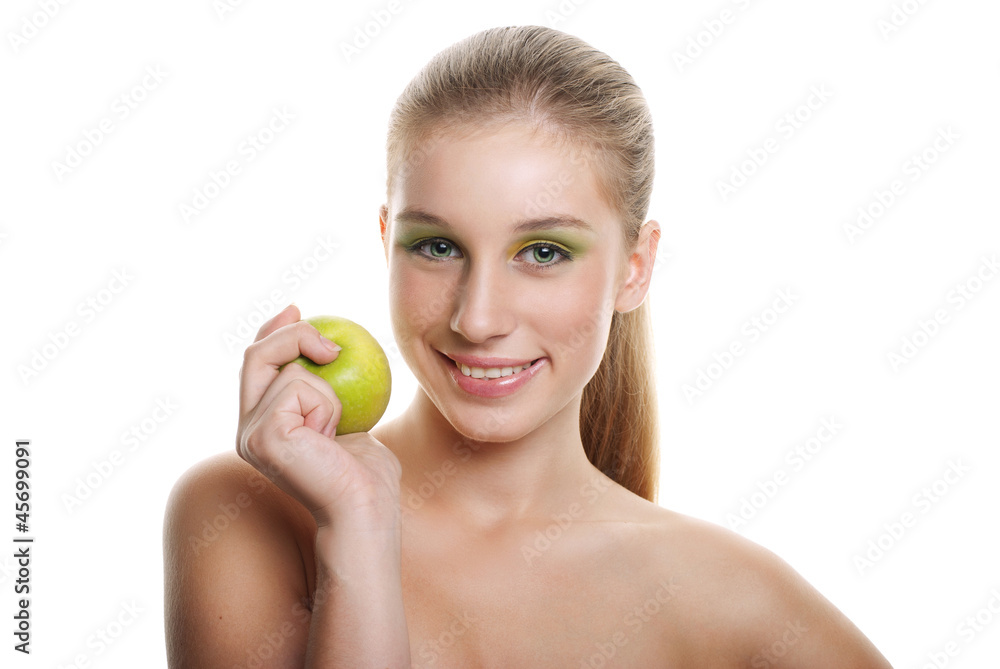 Young happy smiling woman with apple Young happy smiling woman with apple
