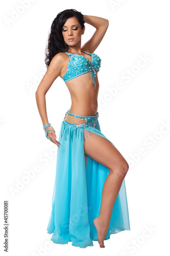 Belly dancer wearing a light blue costume
