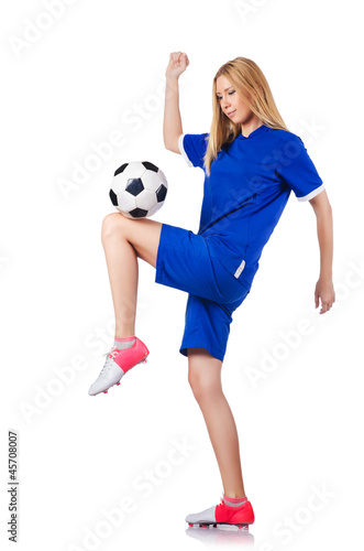 Fototapeta Naklejka Na Ścianę i Meble -  Woman playing football on white