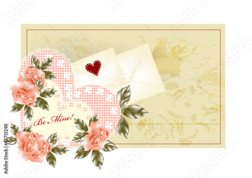 Greeting valentine card with  pink roses