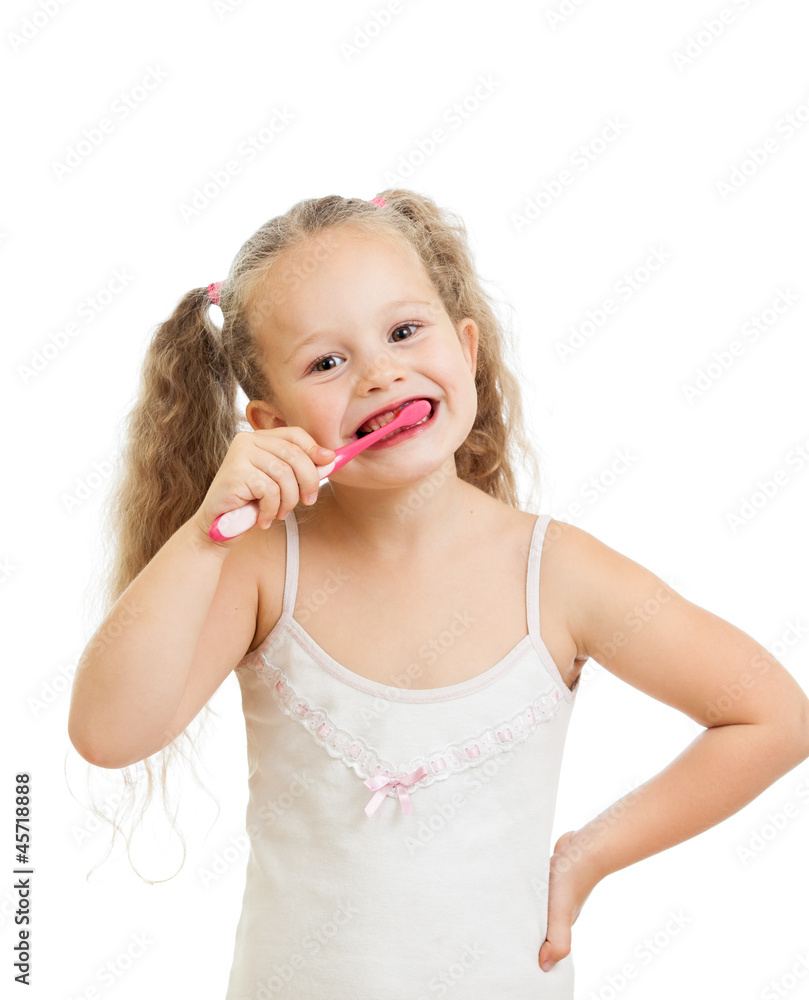 child girl cleaning teeth isolated on white background child girl cleaning teeth isolated on white background