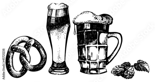 Oktoberfest set of beer, hops and pretzel