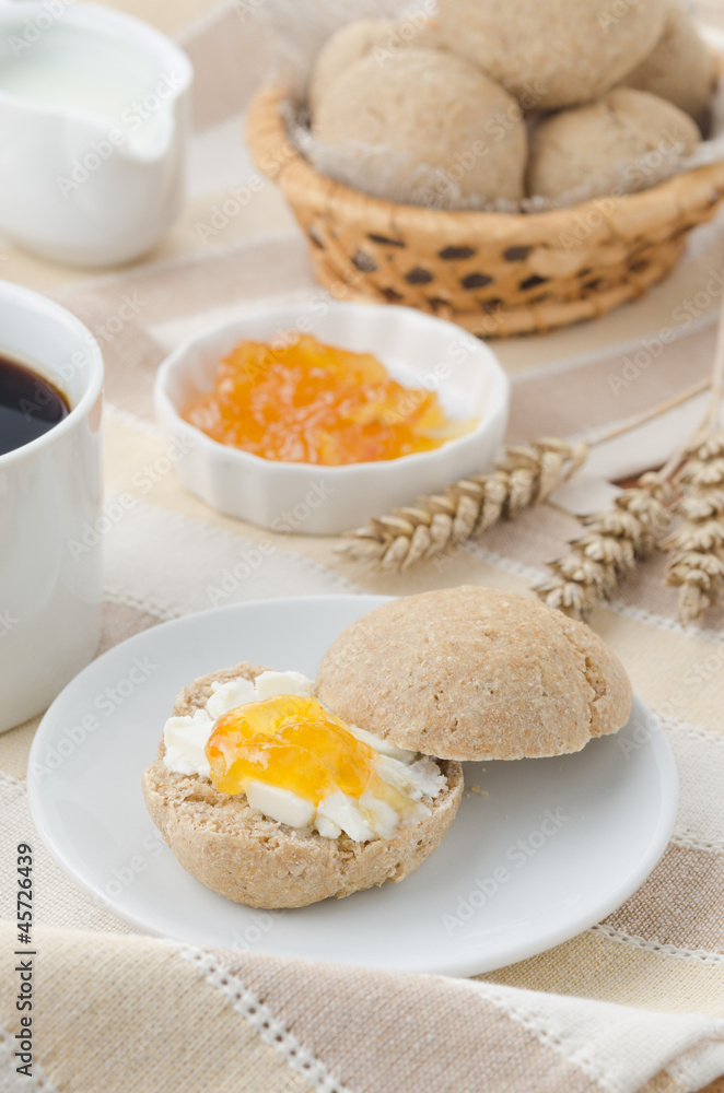 breakfast with muffin, cheese and jam breakfast with muffin, cheese and jam