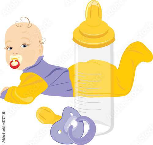 Baby, dummy and milk bottle isolated on the white