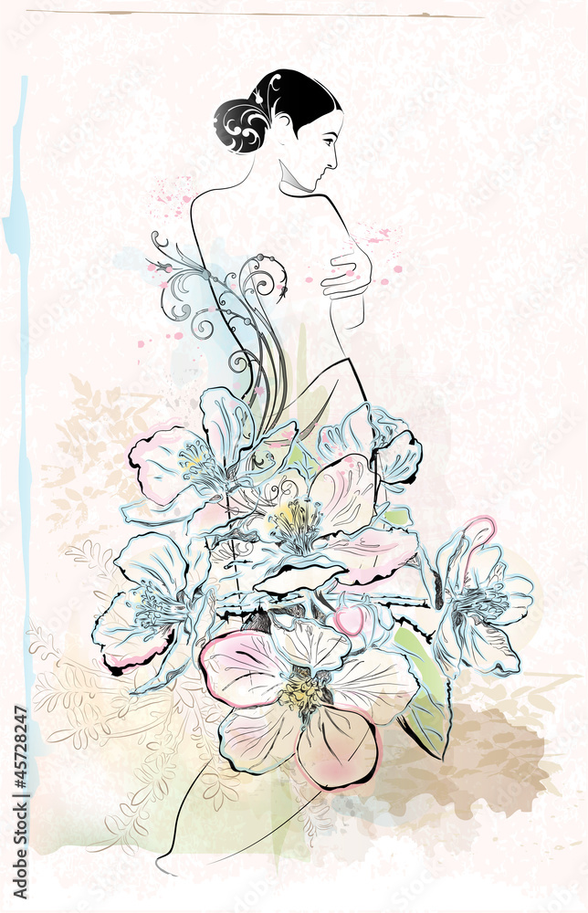 freehand sketch of beautiful girl with flowers in art nouveau st freehand sketch of beautiful girl with flowers in art nouveau st