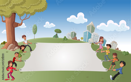 Cartoon children in green park with a big white board