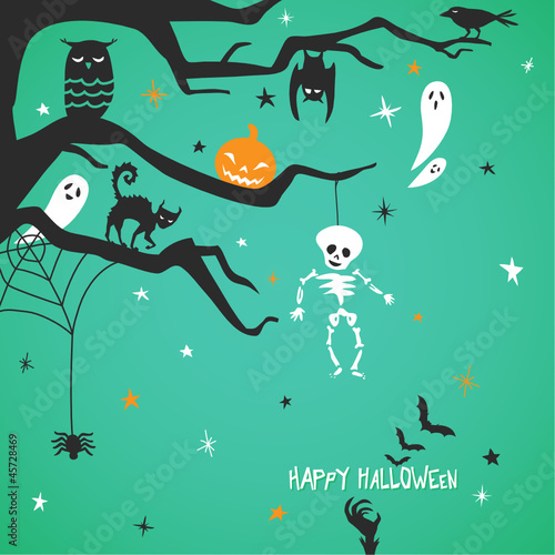 Halloween, Tree, Cat, Skeleton, Ghosts, Bats, Owl